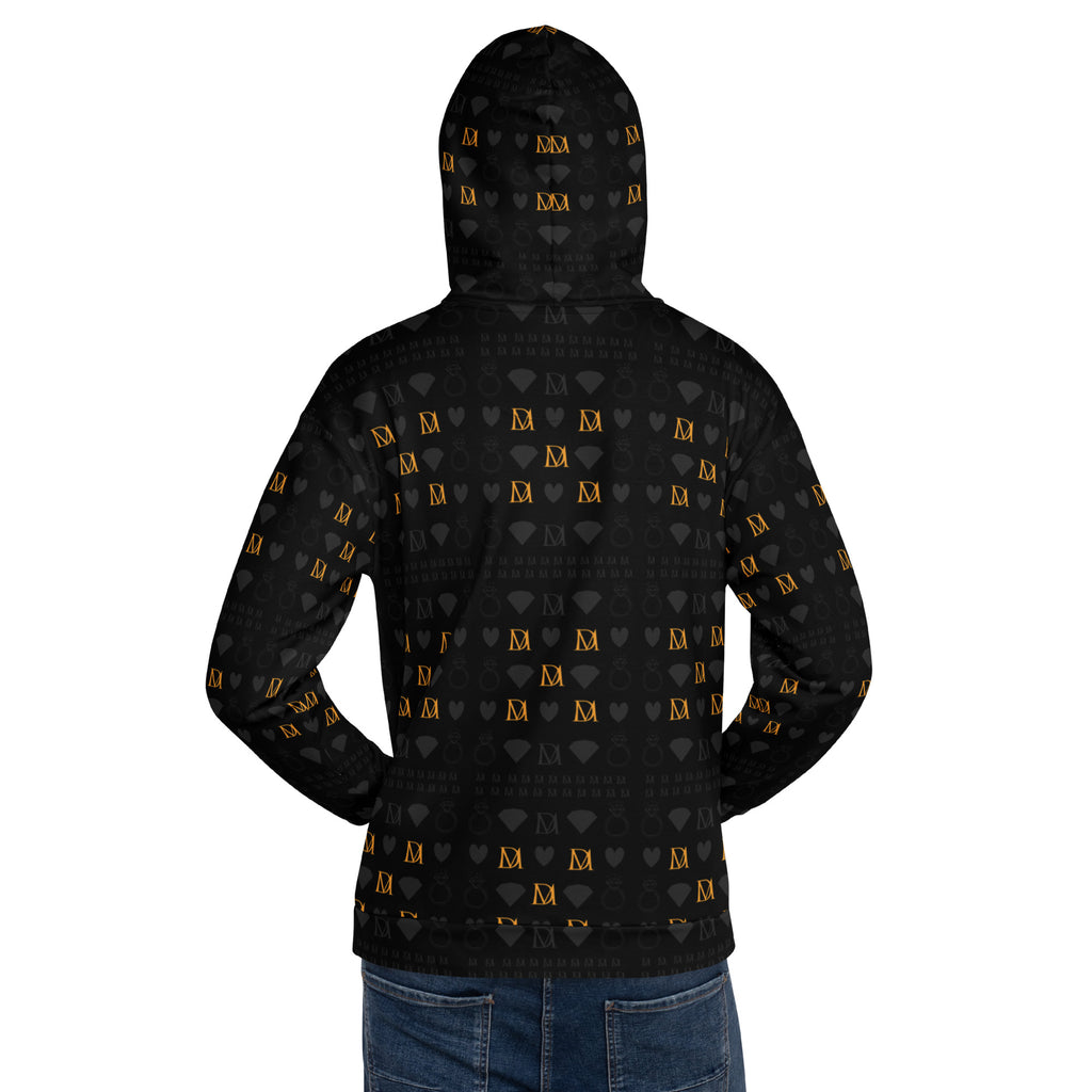 Unisex white hoodie with all-over print of gold frosted diamonds by Daemon, featuring a cozy hood and recycled fabric design.