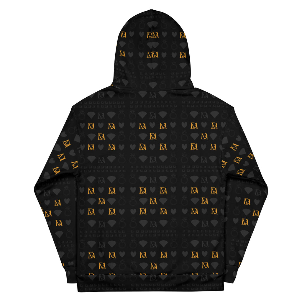 Unisex white hoodie with all-over frosted diamonds and gold tender print by Daemon, featuring a casual, comfortable design.