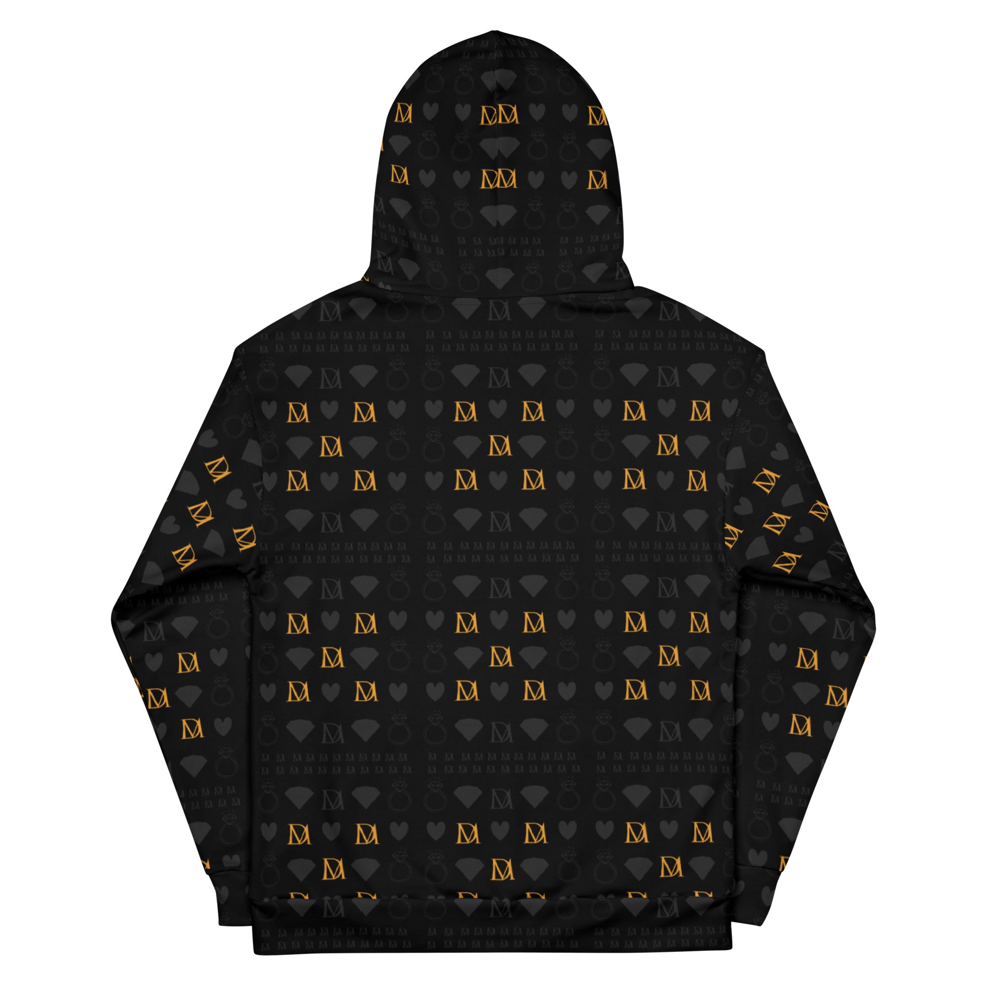 Unisex white hoodie with all-over frosted diamonds and gold tender print by Daemon, featuring a casual, comfortable design.