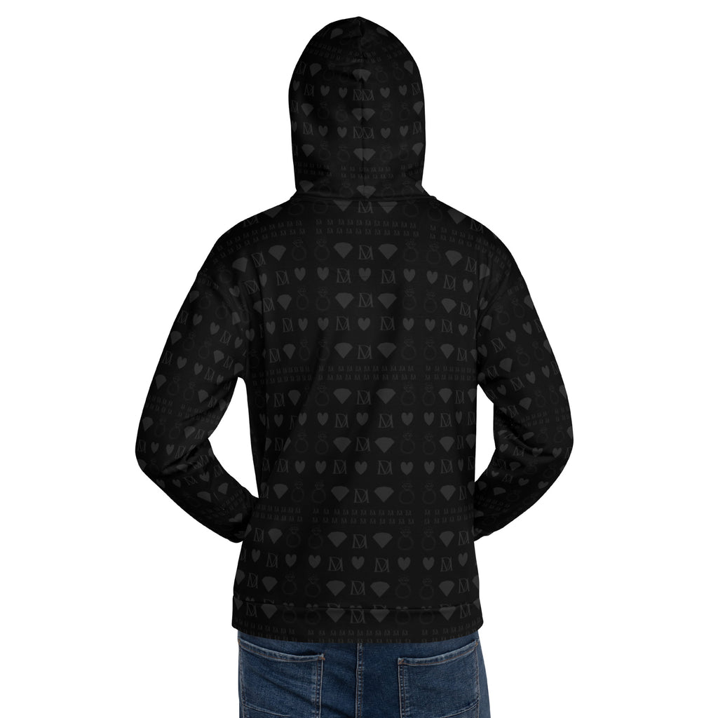 Recycled white unisex hoodie with all-over-print frosted diamond pattern and platinum accents, featuring a hood and casual fit.