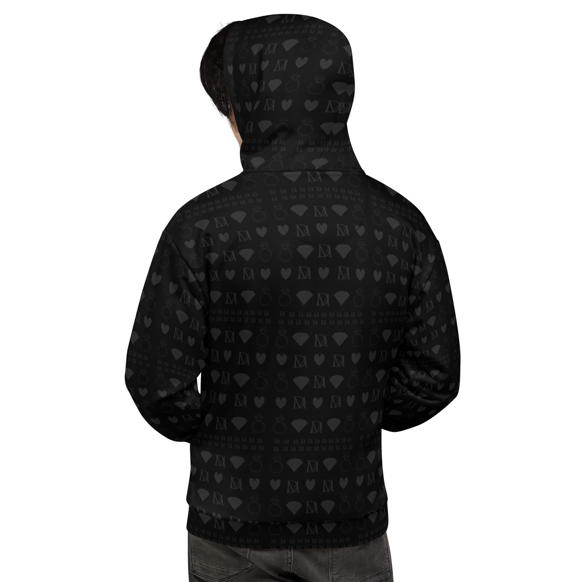 Daemon Frosted Diamonds platinum hoodie with all-over white recycled print, unisex casual fleece with hood and diamond pattern.