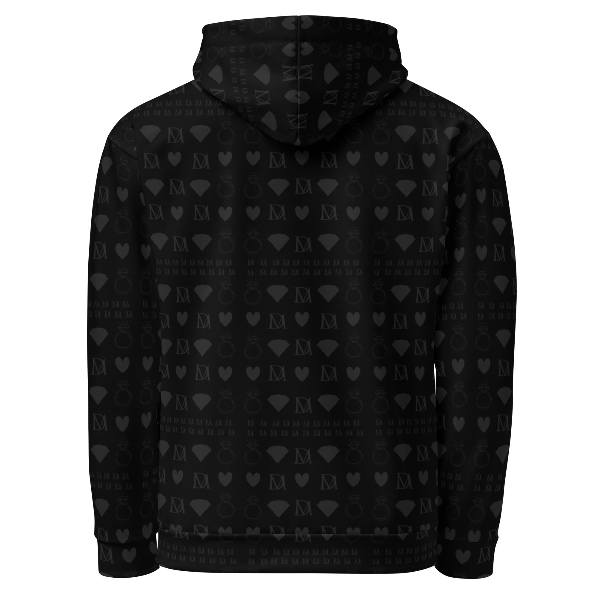 Recycled white unisex hoodie with all-over frosted diamond platinum print by Daemon, featuring a hood and front pocket.
