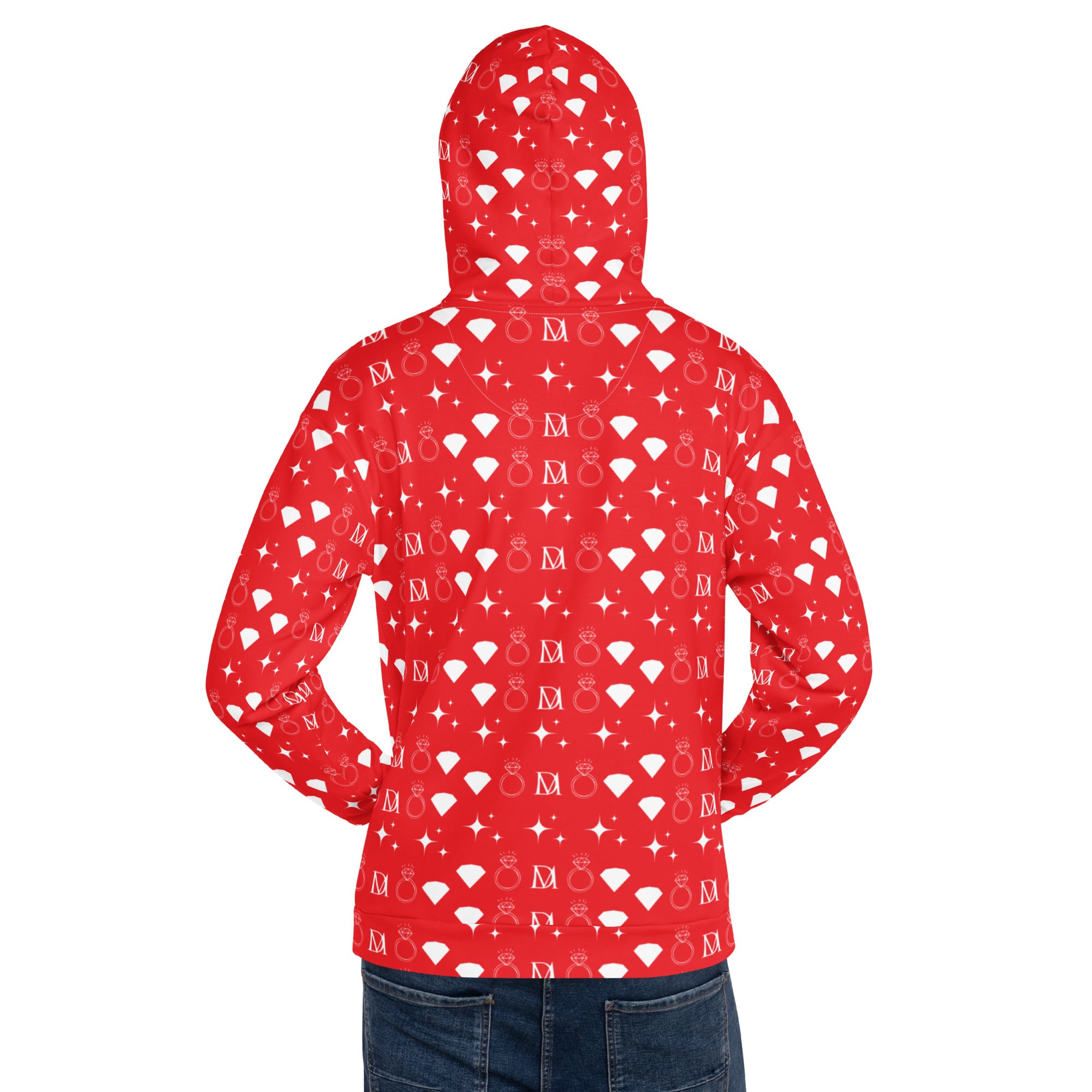 Unisex white hoodie with all-over print of frosted diamonds Stardust design by Daemon, featuring a hood and casual fit.