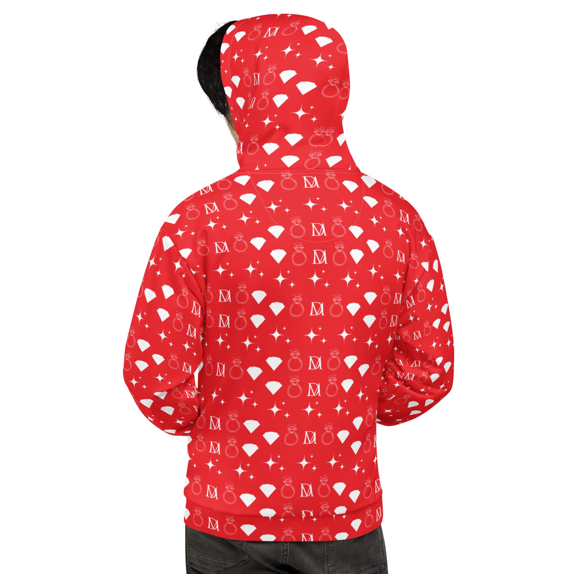 Daemon Frosted Diamonds Stardust unisex hoodie with all-over white recycled print and hood, featuring a vibrant diamond pattern.