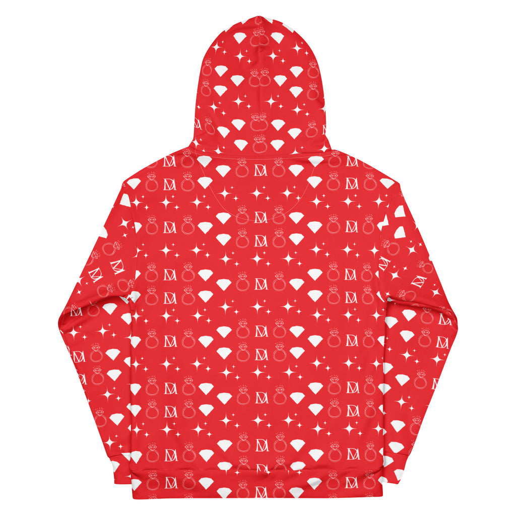Unisex white hoodie with all-over print of frosted diamonds and stardust pattern, made from recycled materials by Daemon.