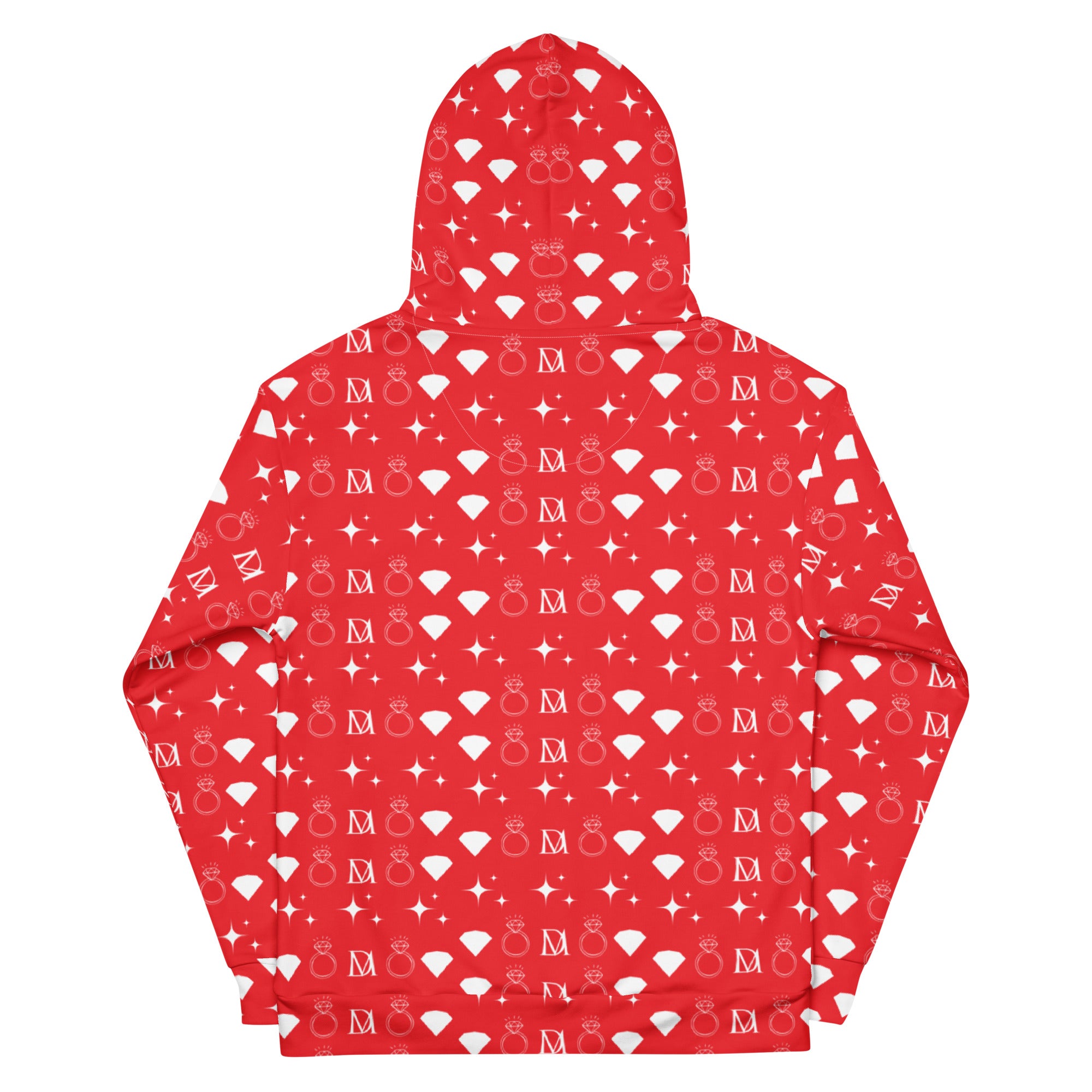 Unisex white hoodie with all-over print of frosted diamonds and stardust pattern, made from recycled materials by Daemon.