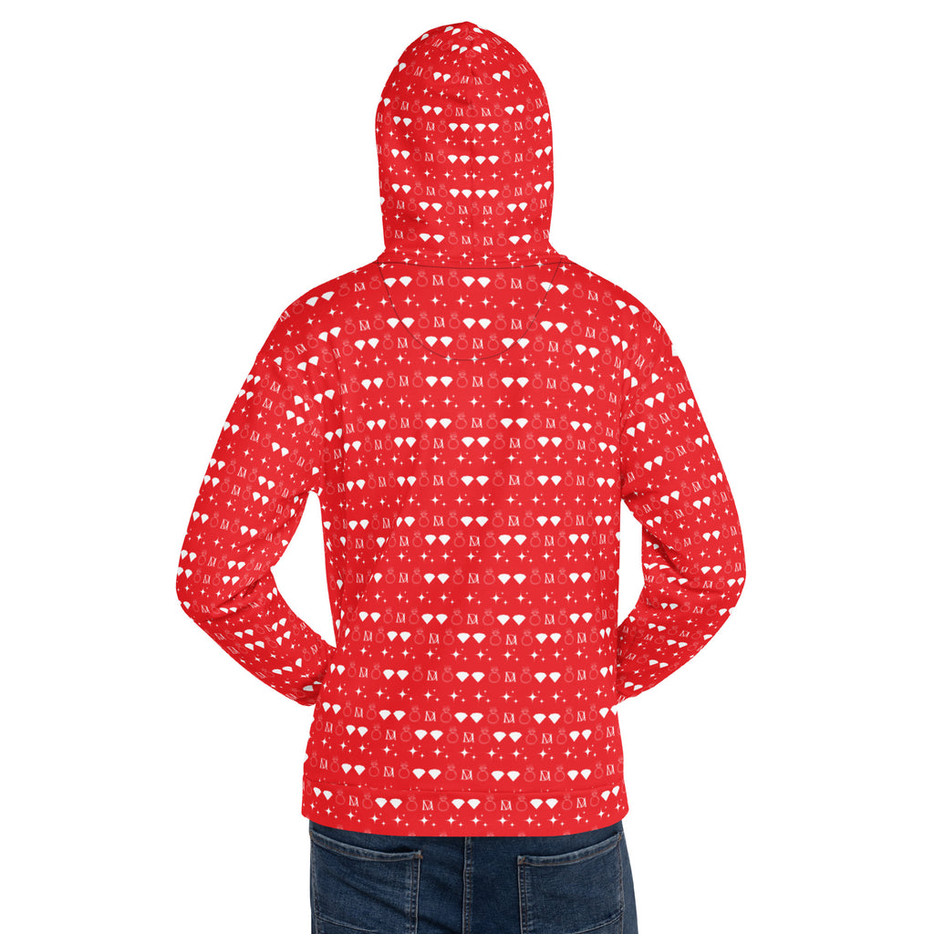 Unisex white hoodie with all-over frosted diamond print design by Daemon, featuring a hood and casual fit.