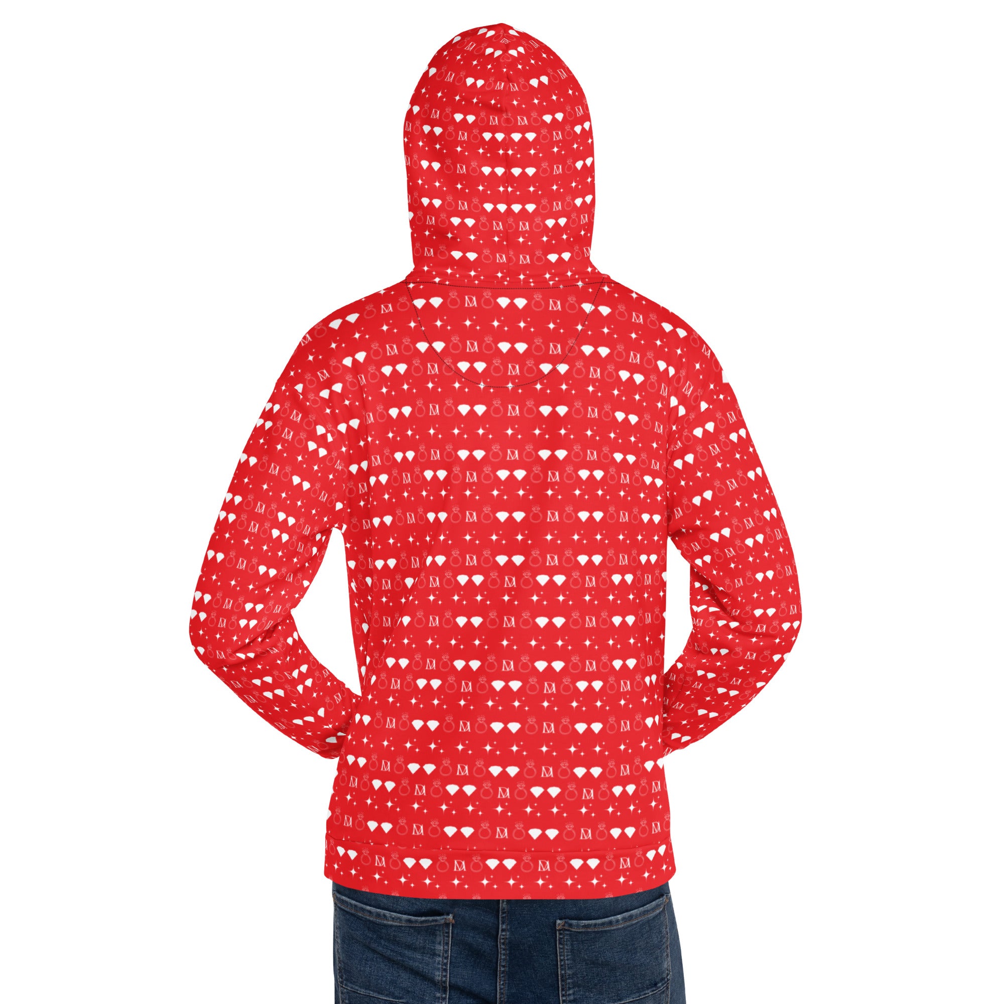 Unisex white hoodie with all-over frosted diamond print design by Daemon, featuring a hood and casual fit.