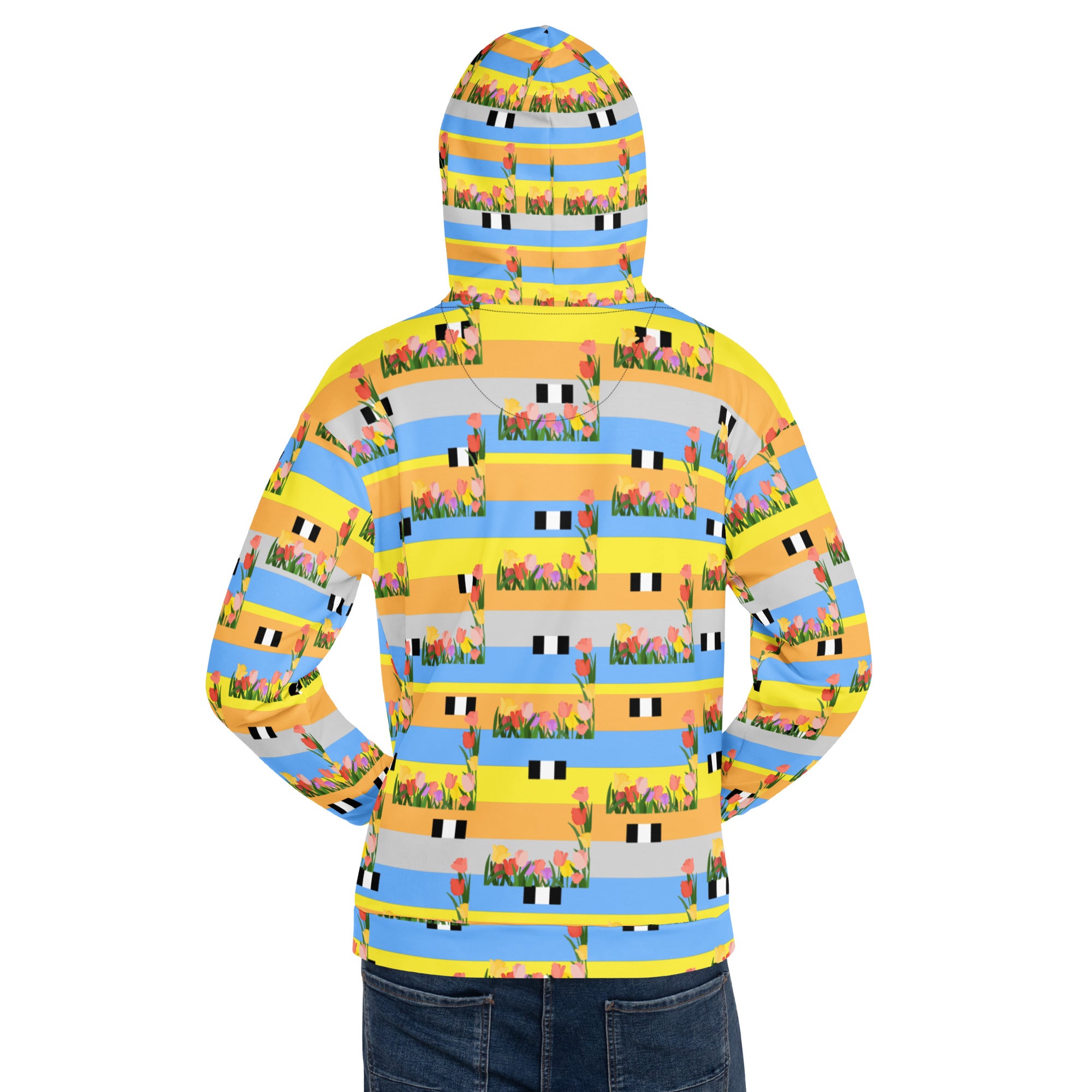 Daemon Luxury Pacific Fire Florette Edition recycled unisex hoodie with all-over white print, featuring a hood and casual fit.