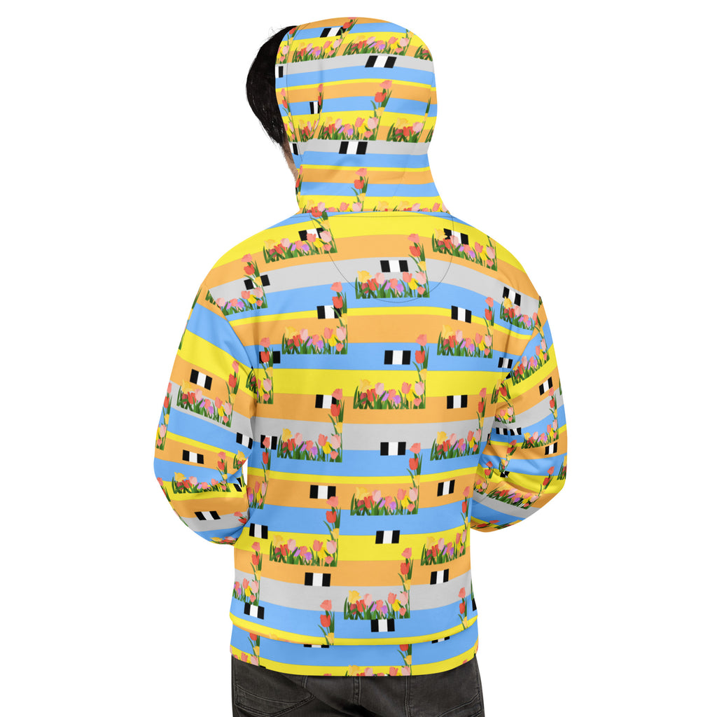 Unisex white recycled hoodie with all-over Pacific Fire Felorette Edition print and hood, casual design by Daemon Luxury.