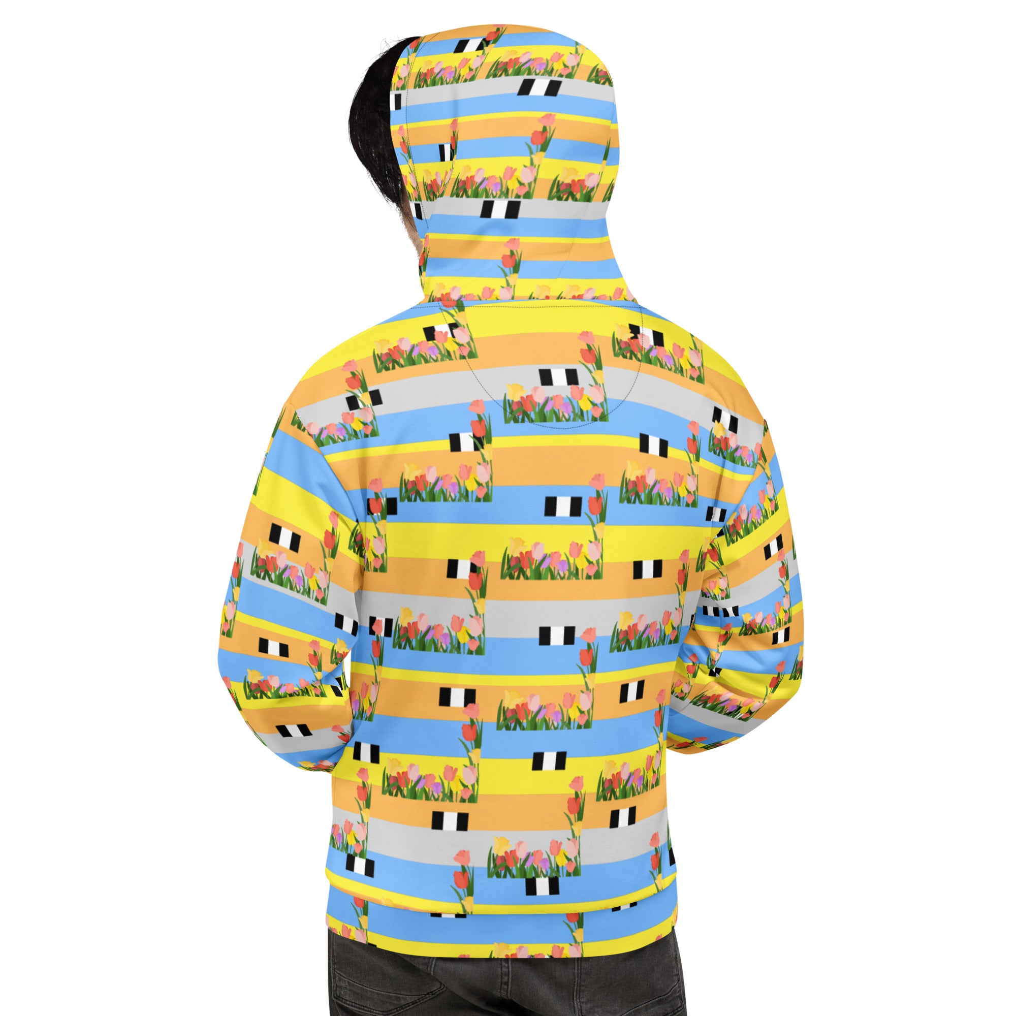 Unisex white recycled hoodie with all-over Pacific Fire Felorette Edition print and hood, casual design by Daemon Luxury.