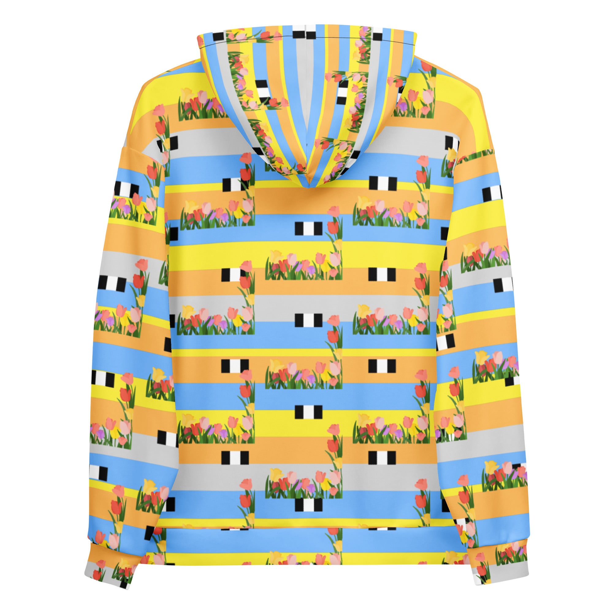 Daemon Luxury Pacific Fire Florette Edition unisex hoodie with all-over white recycled print, featuring a hood and casual fit