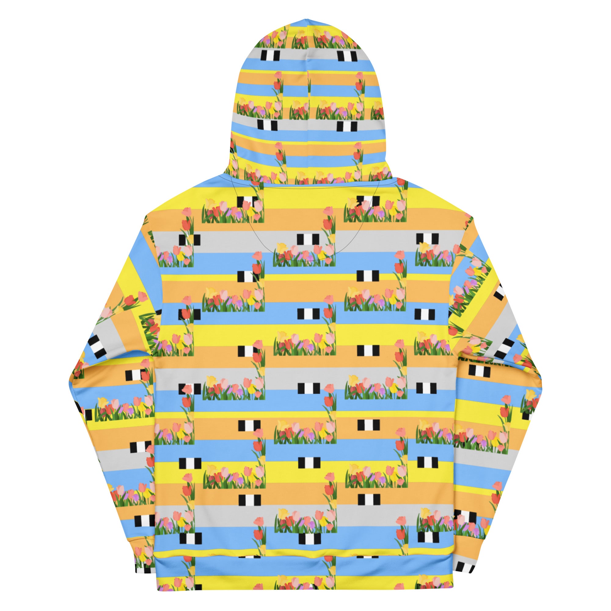 Daemon Luxury Pacific Fire Florette Edition unisex hoodie with all-over recycled print, white background, front view.
