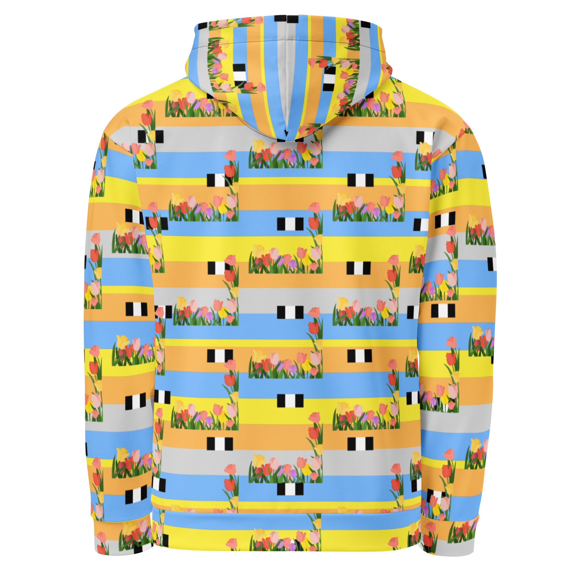 Daemon Luxury Pacific Fire Florette Edition unisex hoodie with all-over white recycled print, featuring a hood and casual fit.