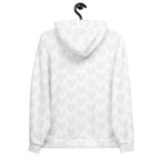 Unisex white recycled hoodie with all-over Heartfelt Artica print and hood, designed by Daemon Luxury.