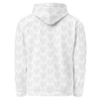 White unisex Heartfelt Artica hoodie by Daemon Luxury with all-over recycled print, featuring a comfortable hood and casual style.