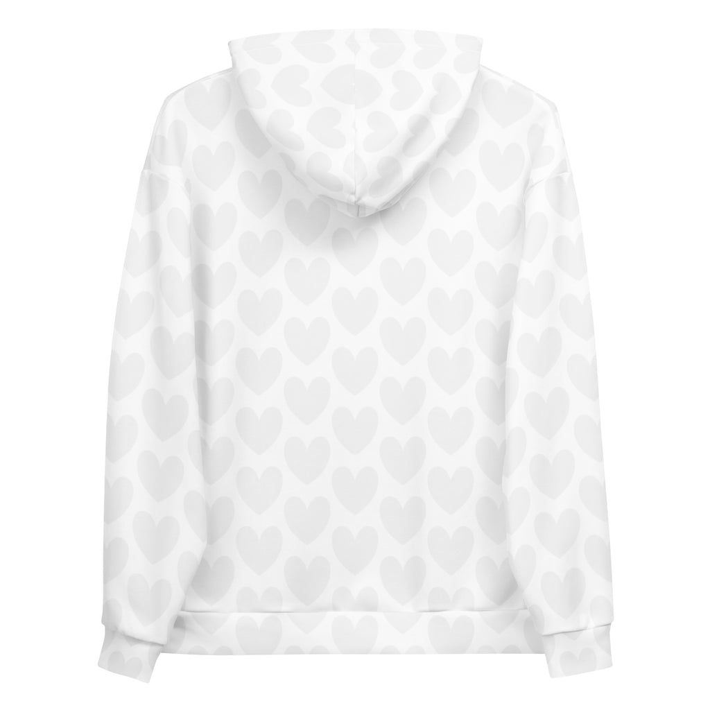 Daemon Luxury Heartfelt Artica unisex recycled hoodie with all-over white print and hood, casual and eco-friendly design.
