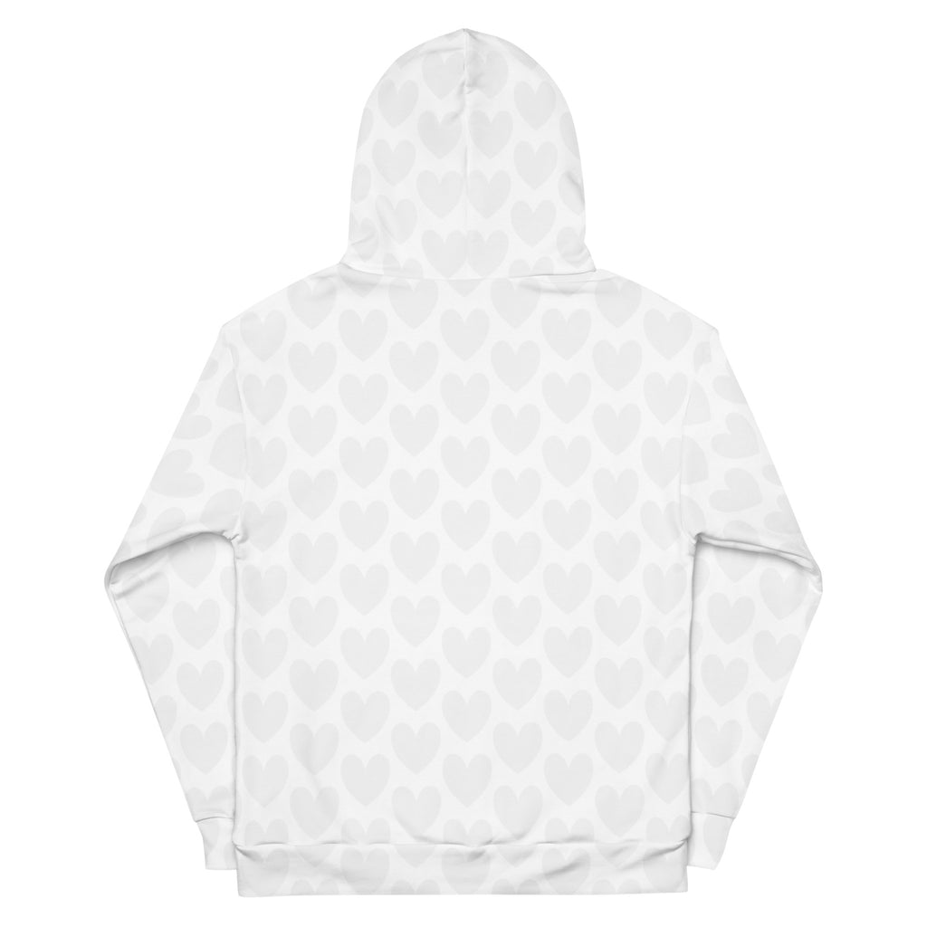 All-over print white recycled unisex hoodie with Heartfelt Artica design and hood, by Daemon Luxury.