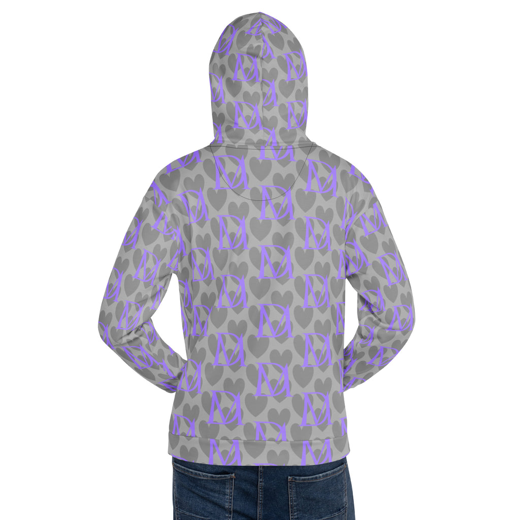 Recycled white hoodie with all-over cloudy grey 5 Star System print by Daemon Luxury, unisex casual hoodie with a front pocket.