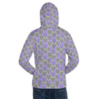 Recycled white hoodie with all-over cloudy grey 5 Star System print by Daemon Luxury, unisex casual hoodie with a front pocket.