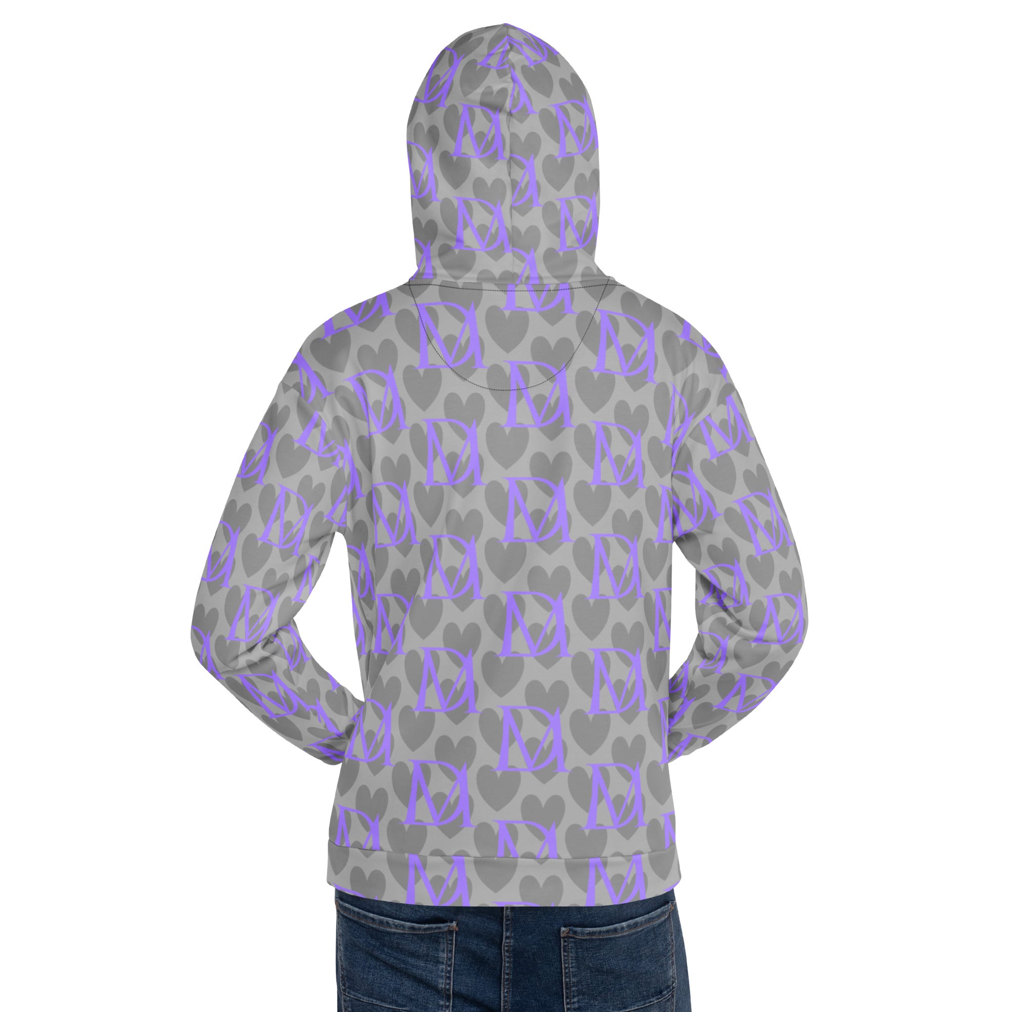 Recycled white hoodie with all-over cloudy grey 5 Star System print by Daemon Luxury, unisex casual hoodie with a front pocket.