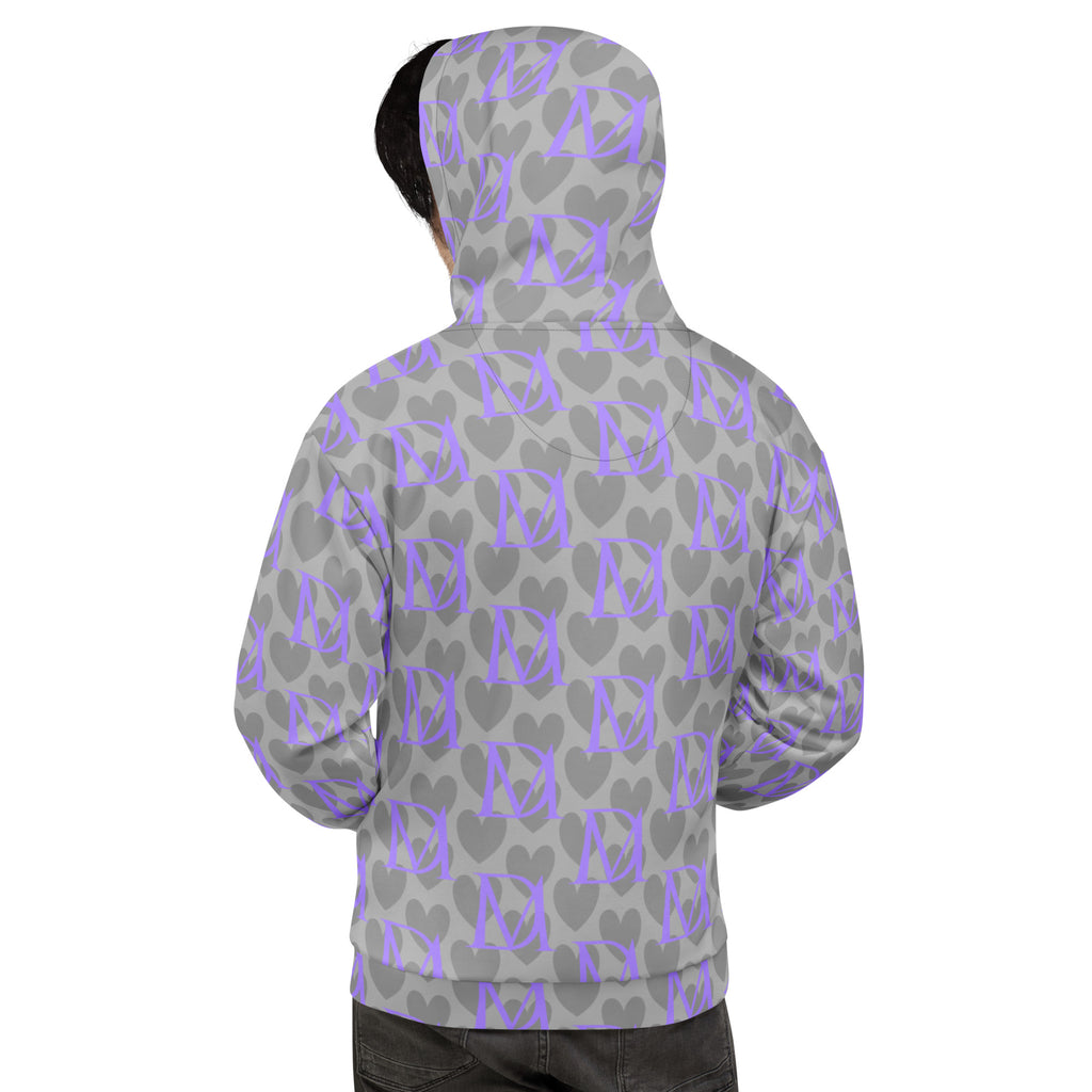 Unisex white hoodie with Cloudy Grey 5 Star System all-over print by Daemon Luxury, featuring a front pocket and adjustable drawstrings.