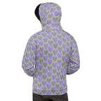 Unisex white hoodie with Cloudy Grey 5 Star System all-over print by Daemon Luxury, featuring a front pocket and adjustable drawstrings.