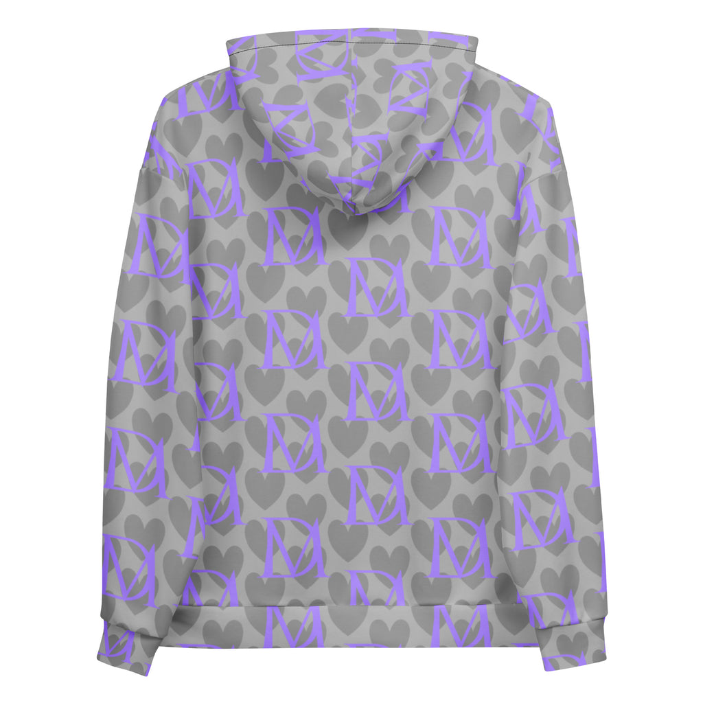 Recycled white unisex hoodie with all-over cloudy grey 5 Star System print by Daemon Luxury, featuring a hood and casual fit.