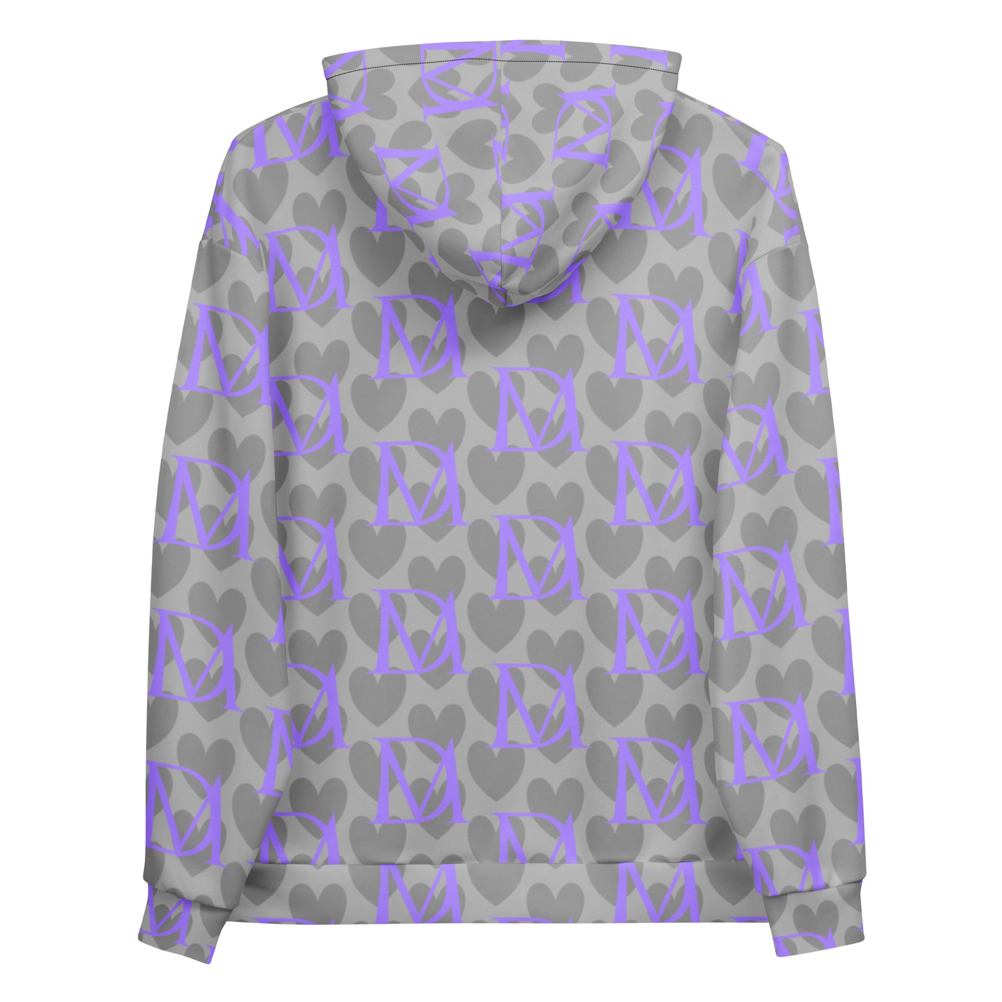 Recycled white unisex hoodie with all-over cloudy grey 5 Star System print by Daemon Luxury, featuring a hood and casual fit.
