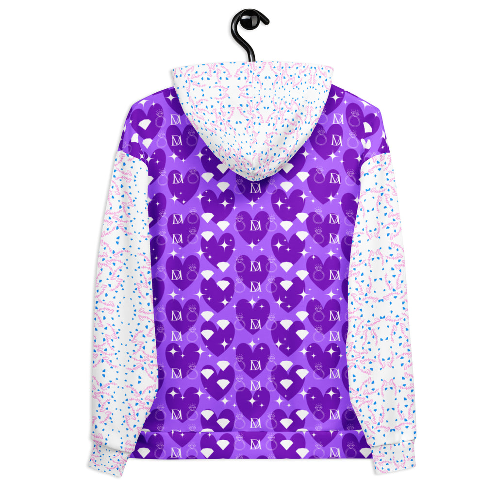Recycled white unisex hoodie with all-over frosted diamond Picasso mirror print by Daemon Luxury.