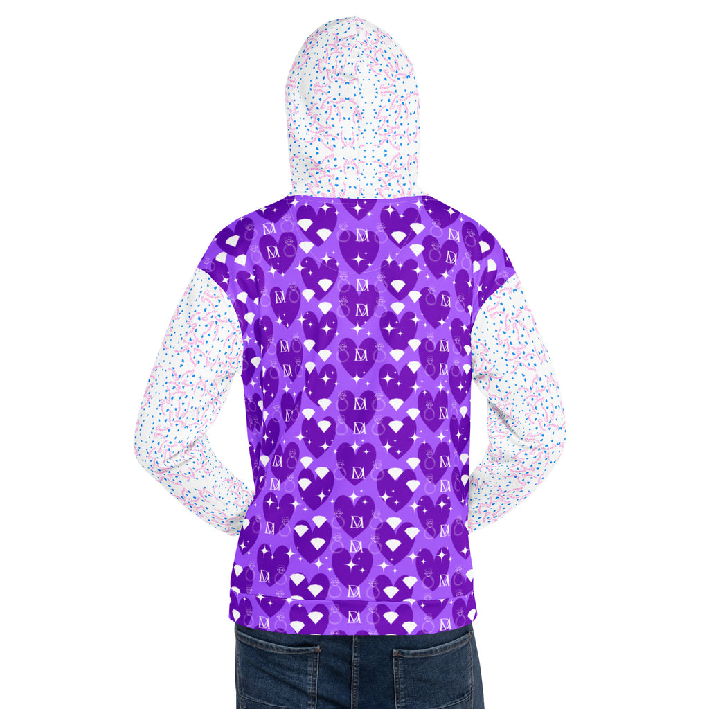 Unisex white hoodie with all-over frosted diamonds Picasso mirror print by Daemon Luxury, featuring a hood and casual fit.