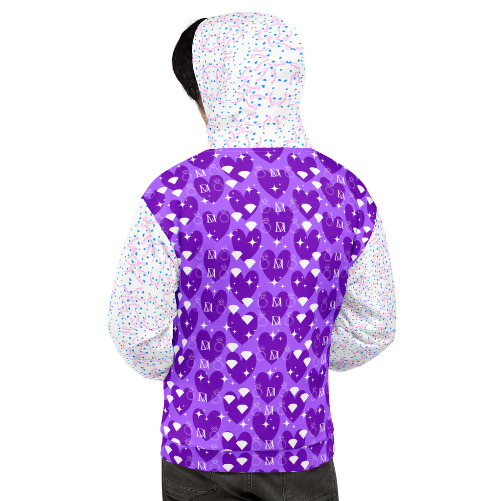 Recycled white unisex hoodie with all-over frosted diamond Picasso mirror print by Daemon Luxury.