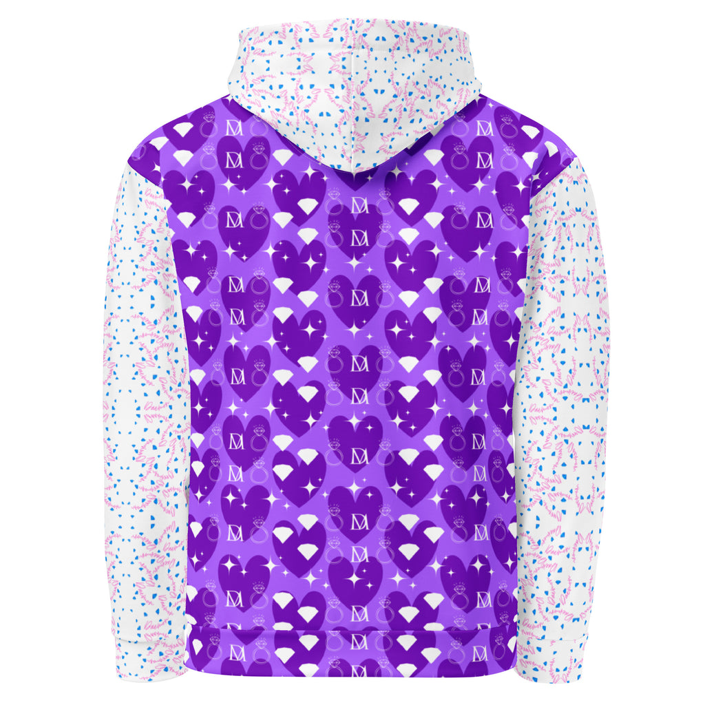 Unisex white hoodie with all-over recycled print featuring frosted diamond and Picasso mirror designs by Daemon Luxury.