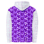 Unisex white hoodie with all-over recycled print featuring frosted diamond and Picasso mirror designs by Daemon Luxury.