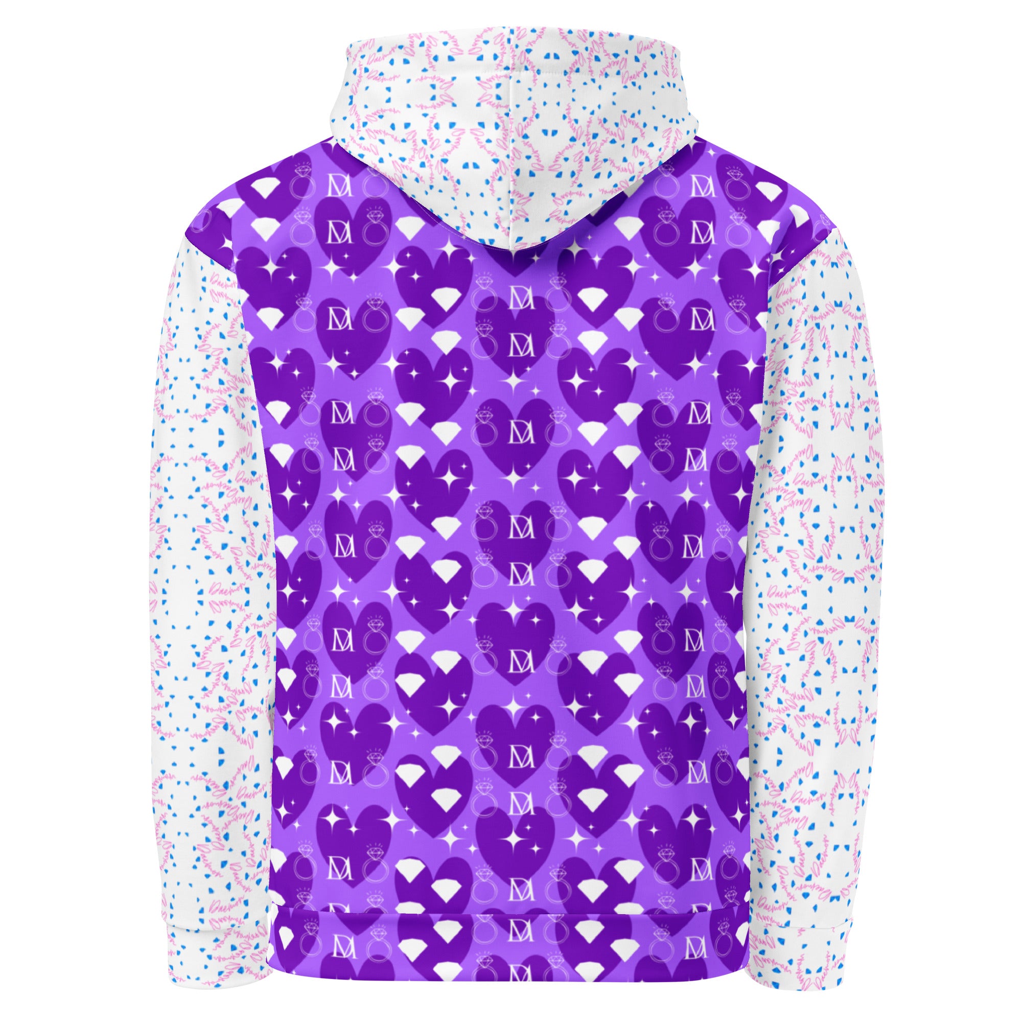 Unisex white hoodie with all-over recycled print featuring frosted diamond and Picasso mirror designs by Daemon Luxury.