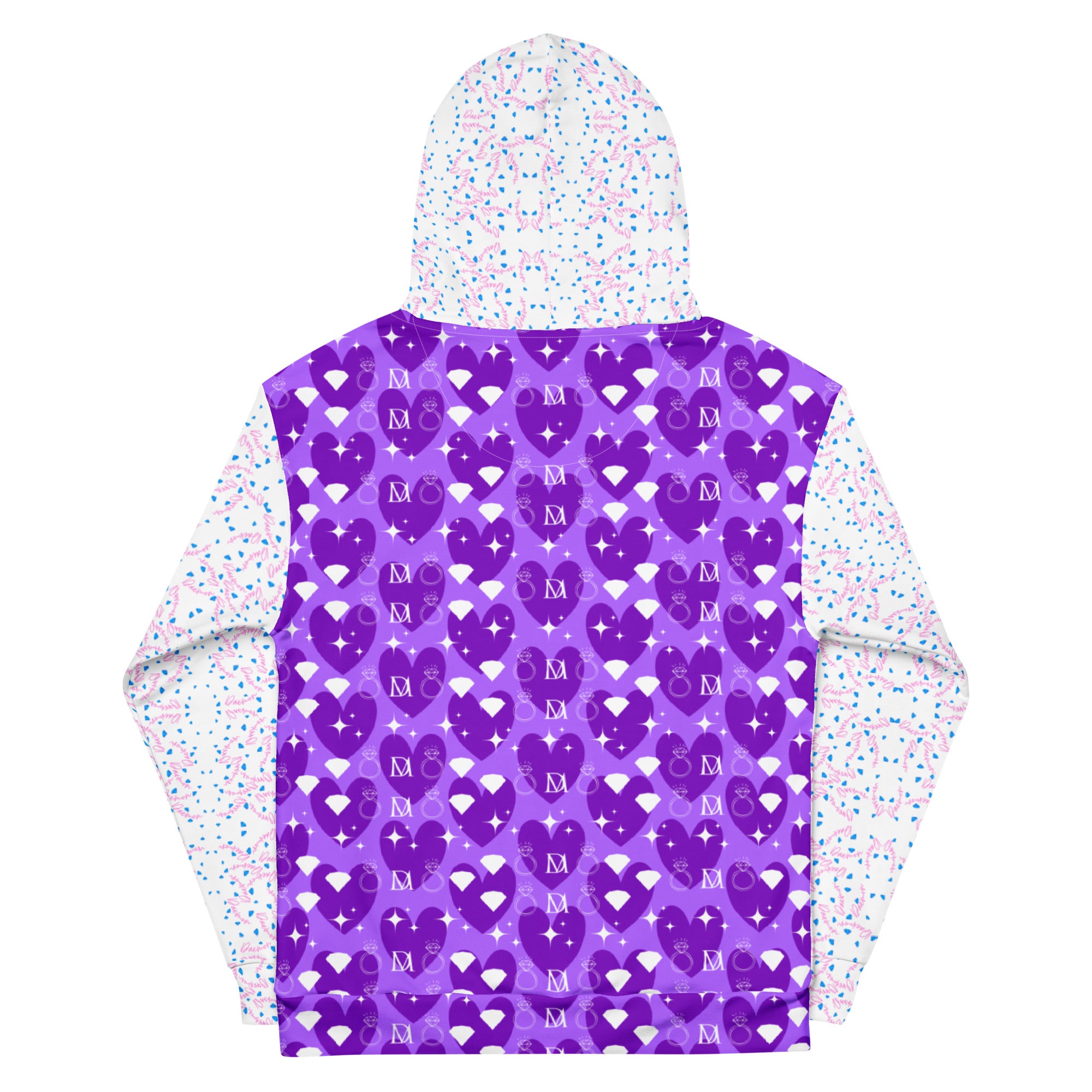 Recycled white unisex hoodie with all-over frosted diamond Picasso mirror print by Daemon Luxury.