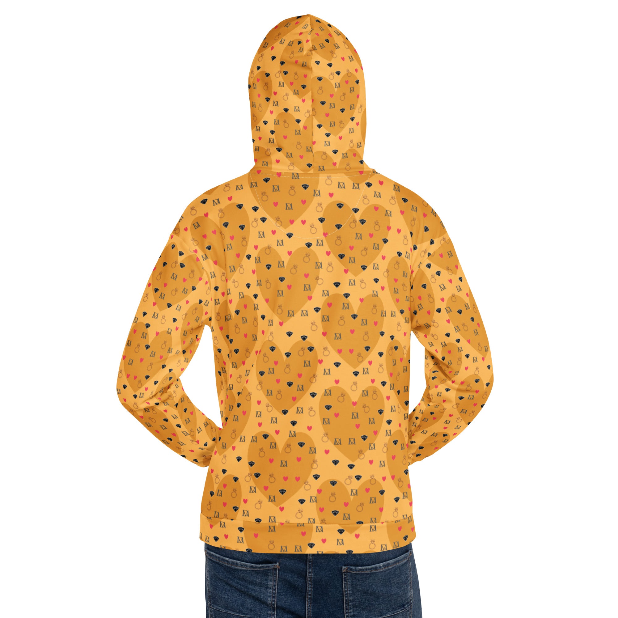 White all-over-print recycled unisex hoodie with "Foreigners Romance" design from Daemon Luxury, featuring a hood and casual fit.