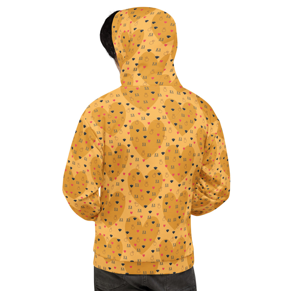 White unisex hoodie with all-over print featuring "Foreigners Romance" design from Daemon Luxury on the back.