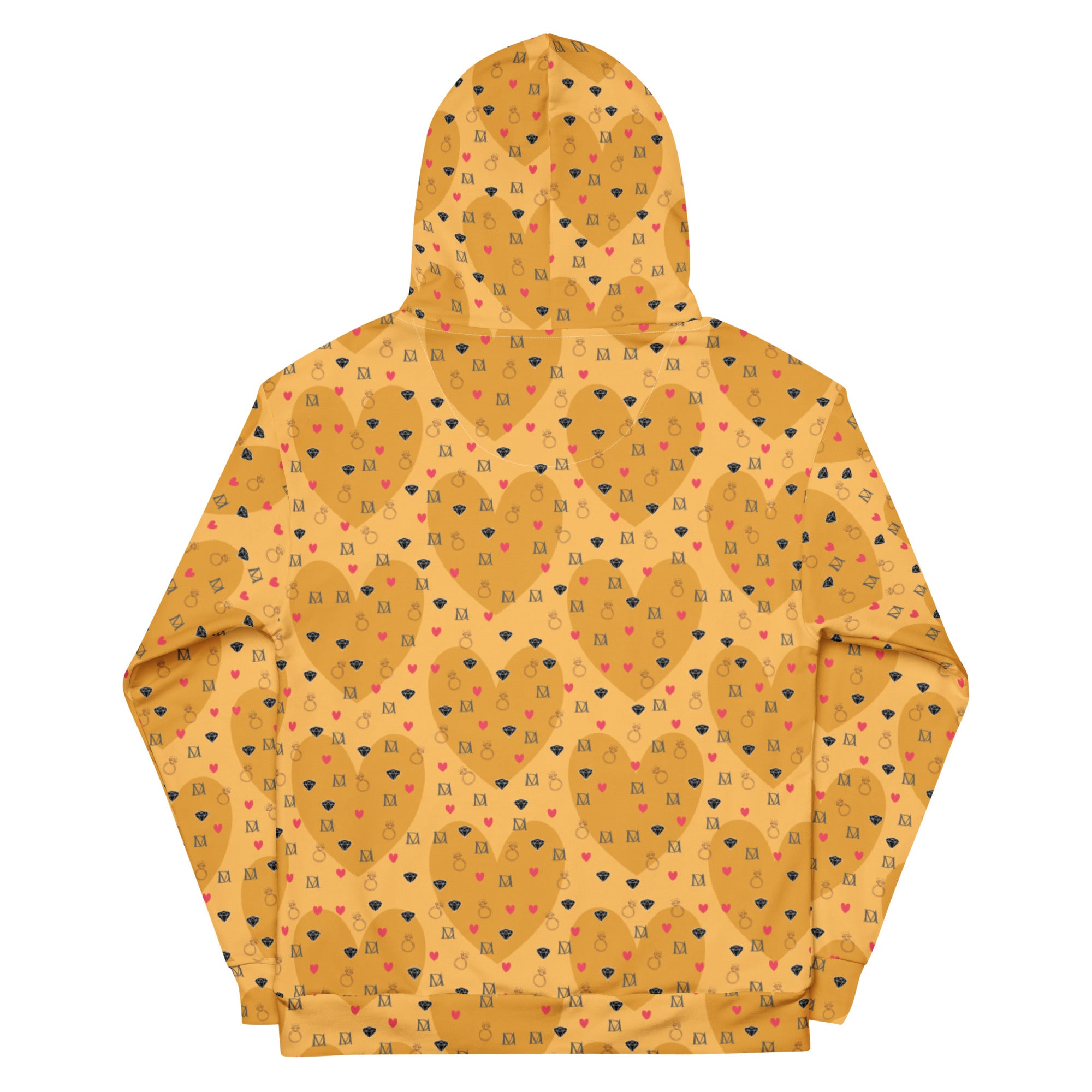 White all-over-print recycled unisex hoodie featuring "Foreigners Romance" design by Daemon Luxury, with a hood and relaxed fit.