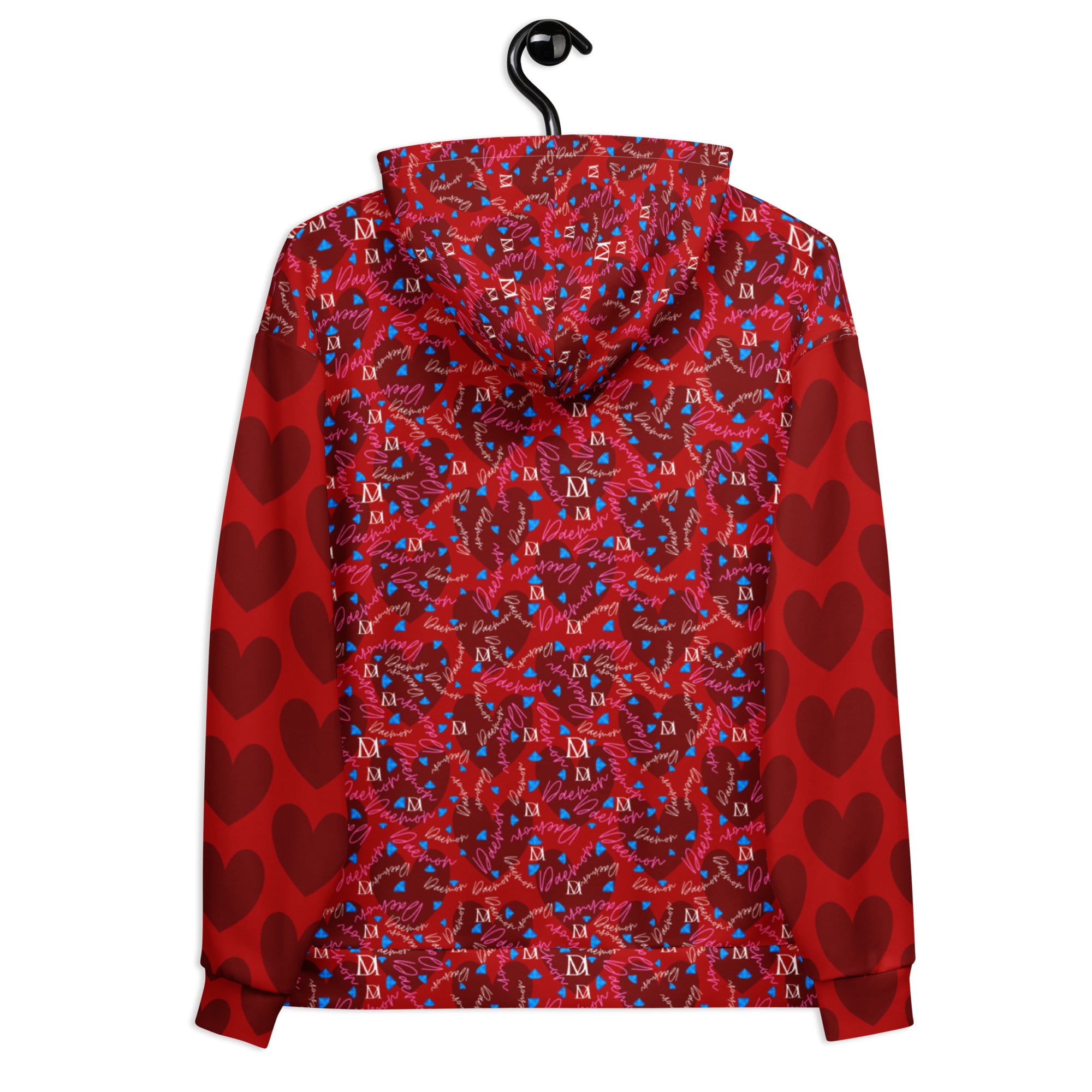 Recycled white unisex hoodie with all-over Picasso Mirrors Trail Bloods print by Daemon Luxury, featuring a hood and casual fit.