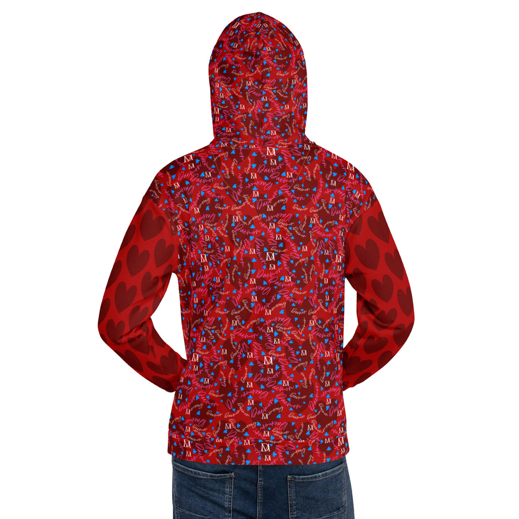 Recycled white unisex hoodie with all-over Picasso Mirrors Trail Bloods print and hood, designed by Daemon Luxury.