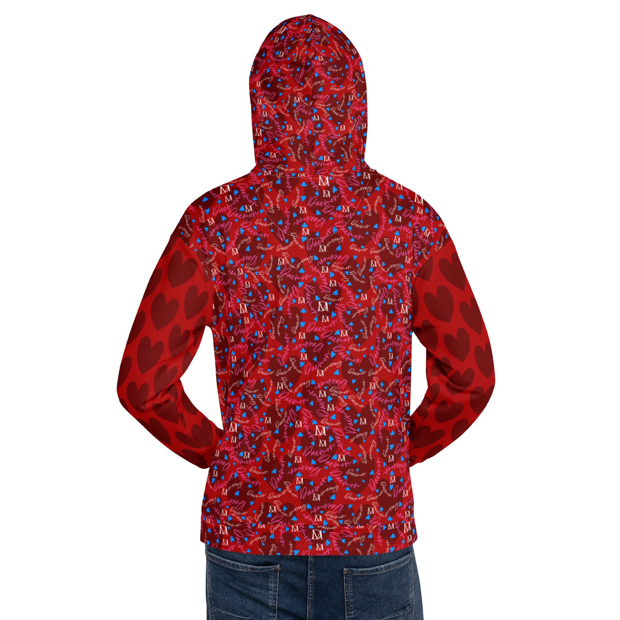 Recycled white unisex hoodie with all-over Picasso Mirrors Trail Bloods print and hood, designed by Daemon Luxury.