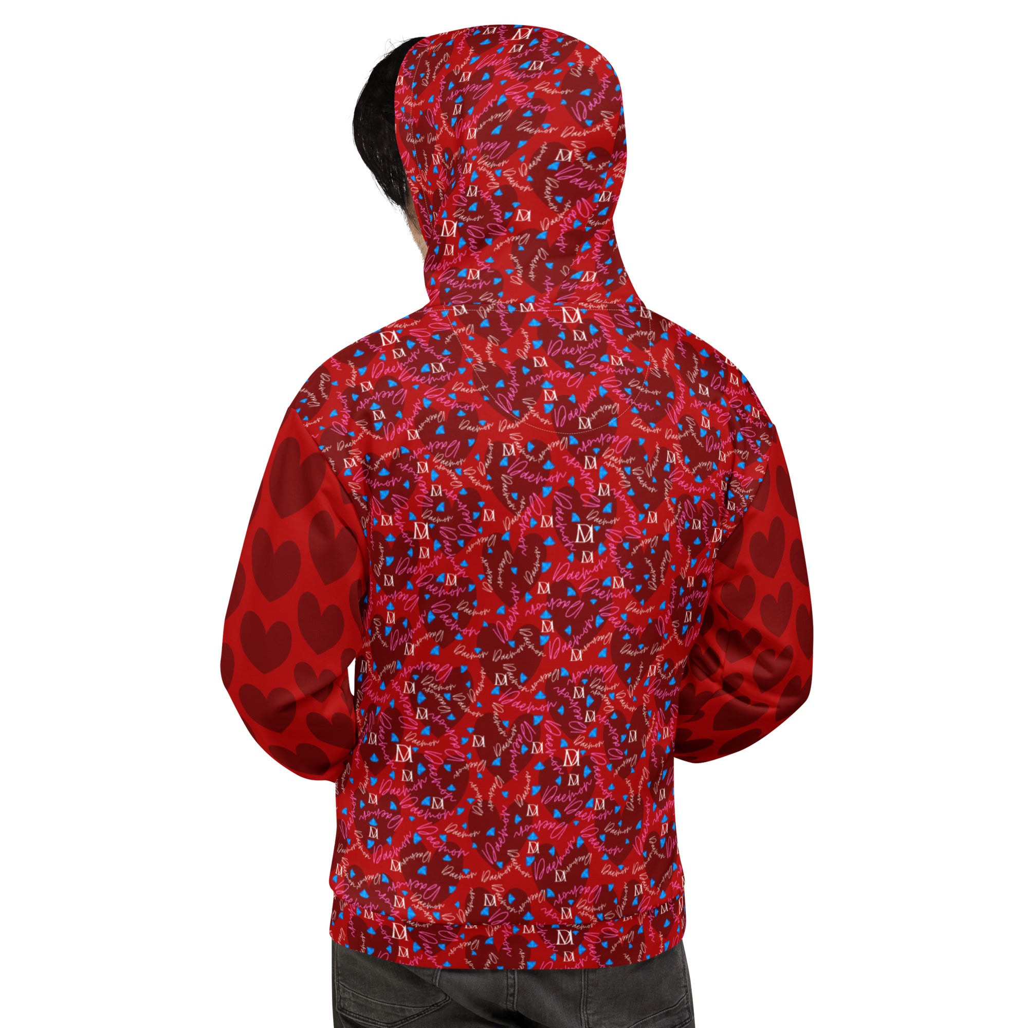 Unisex white hoodie with all-over Picasso Mirrors Trail Bloods print by Daemon Luxury, featuring a hood and casual style.