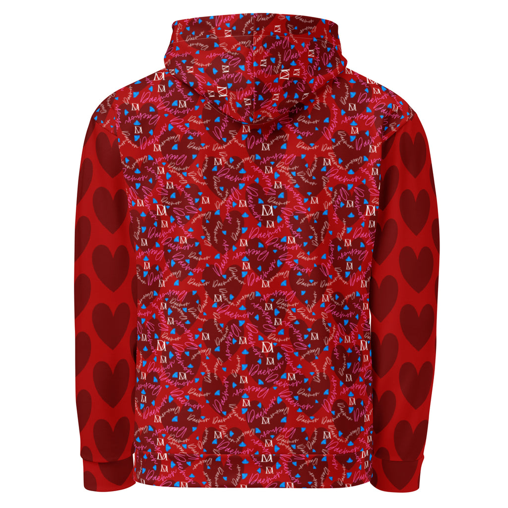 Daemon Luxury Picasso Mirrors Trail Bloods unisex recycled hoodie with all-over print, white background and hood design.
