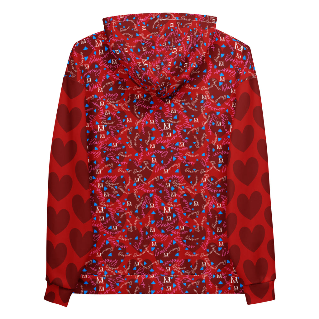 Daemon Luxury Picasso Mirrors Trail Bloods unisex hoodie with all-over white print, featuring recycled fabric and hooded design.