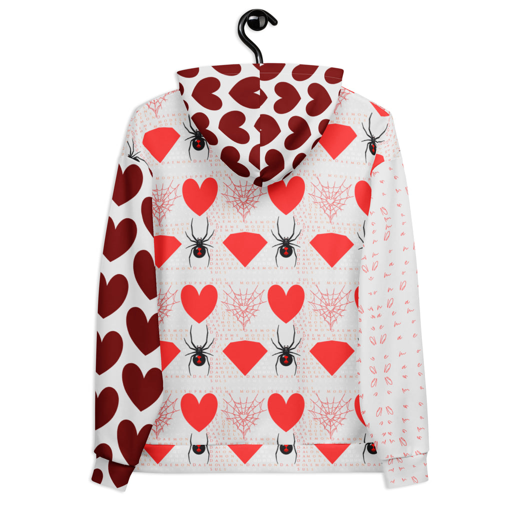 Recycled white unisex hoodie with all-over print of frosted hearts from Daemon Luxury's Belly Red’s Widow collection