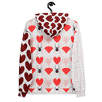Recycled white unisex hoodie with all-over print of frosted hearts from Daemon Luxury's Belly Red’s Widow collection