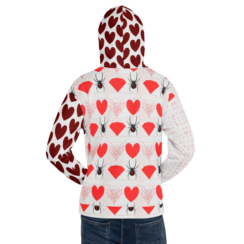 Unisex white hoodie with all-over frosted hearts print by Daemon Luxury, featuring a cozy hood and recycled fabric.