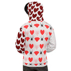 White recycled unisex hoodie from Daemon Luxury featuring all-over-print frosted hearts design on the back.