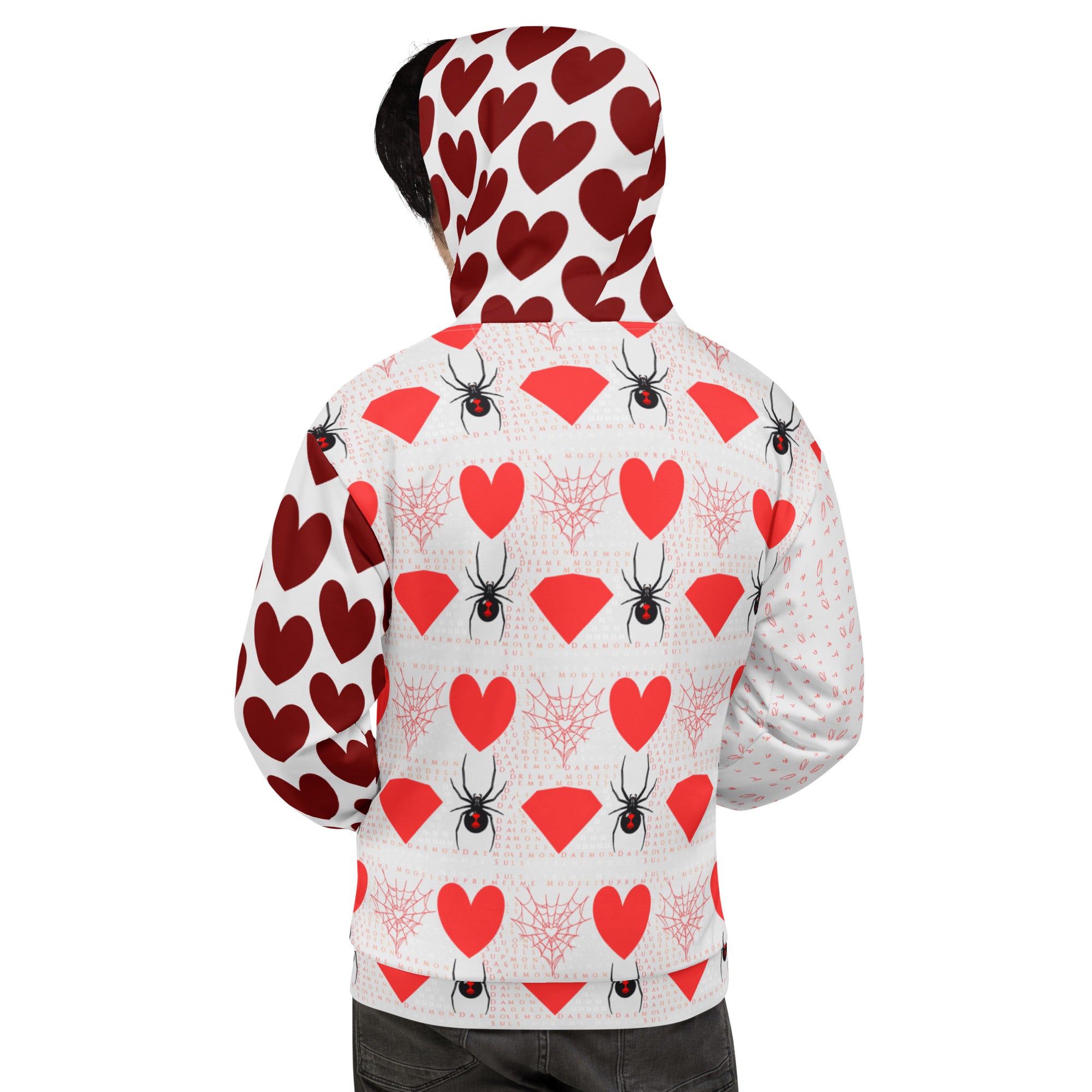 White recycled unisex hoodie from Daemon Luxury featuring all-over-print frosted hearts design on the back.